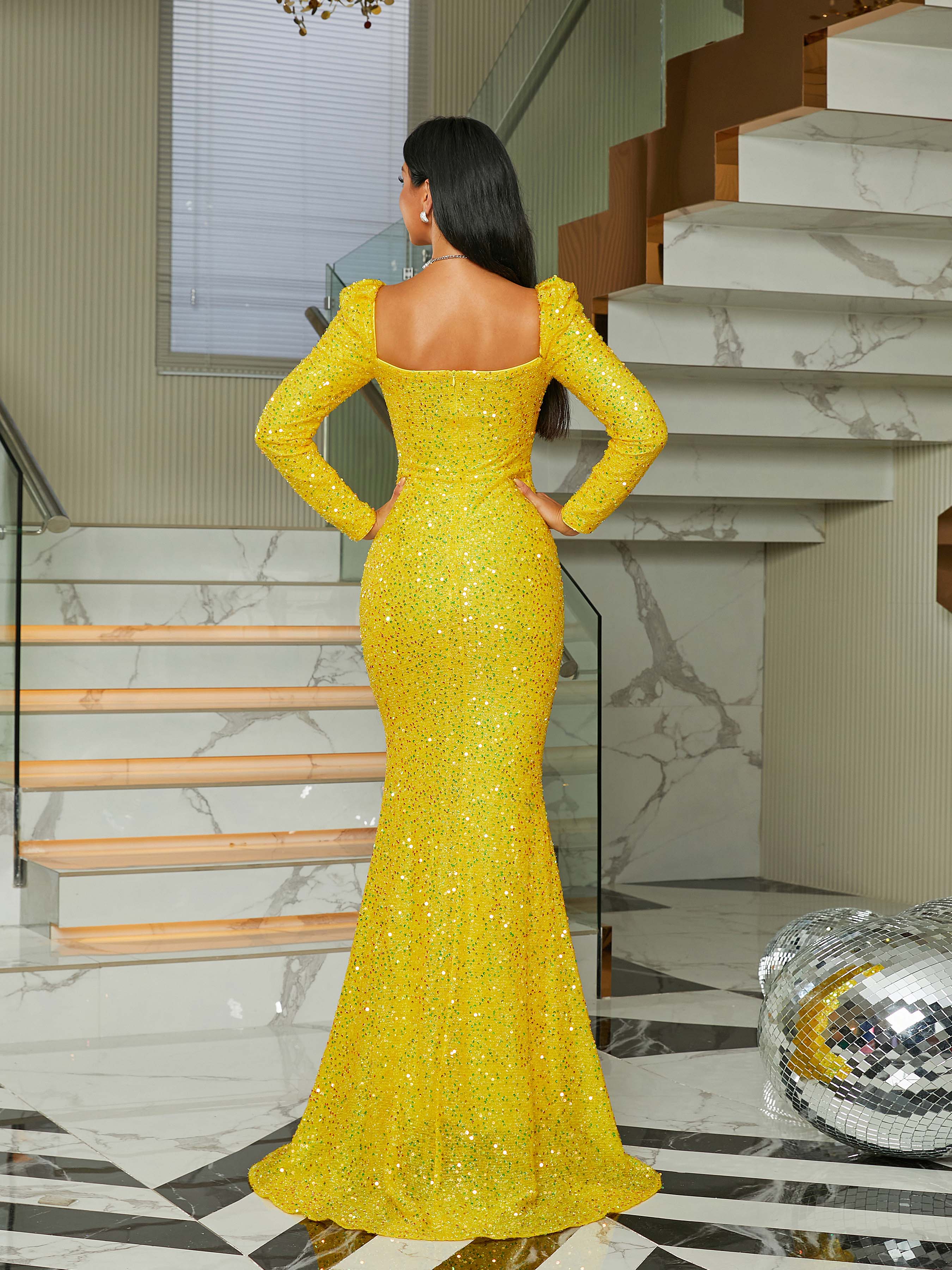 Formal Square Neck Mermaid Sequin Evening Dress RH30579