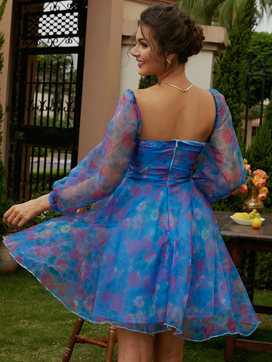 Floral Lantern Sleeve Mesh Print Mini Tulle Prom Dress XH1881