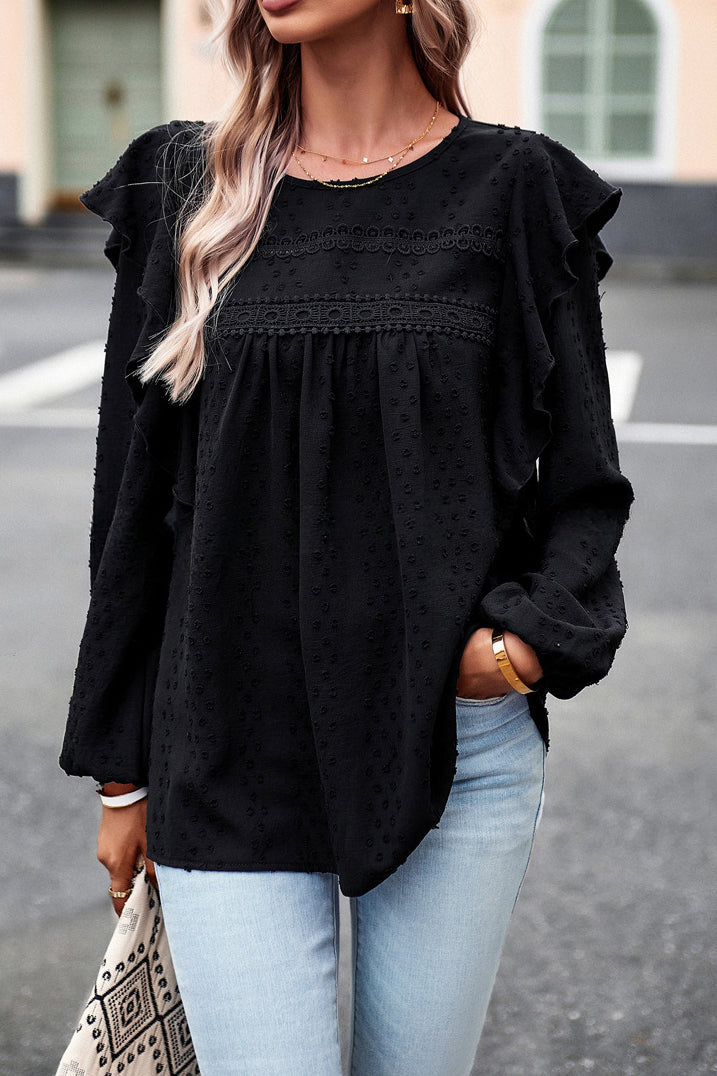 Textured Lace Fabric Ruffle Long Sleeve Blouse