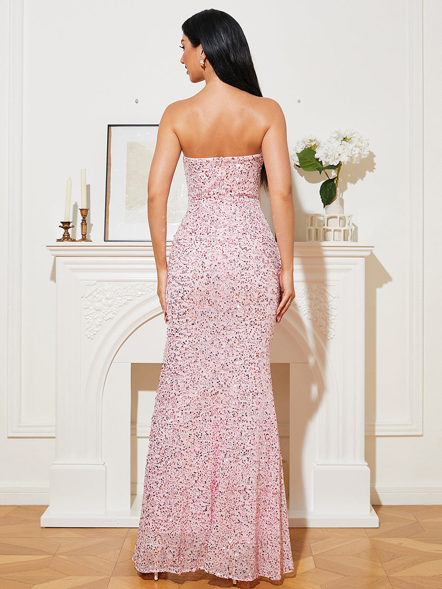 Strapless Sequins Pink Slit Prom Dress RM20079