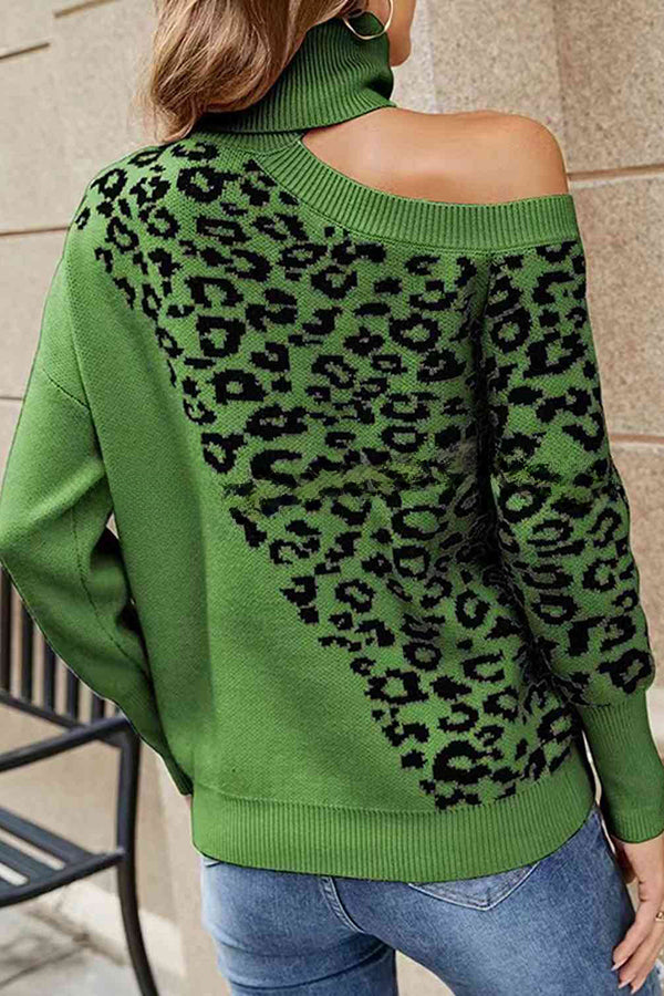 Best Mentor Leopard Print Long Sleeve One Shoulder Sweater