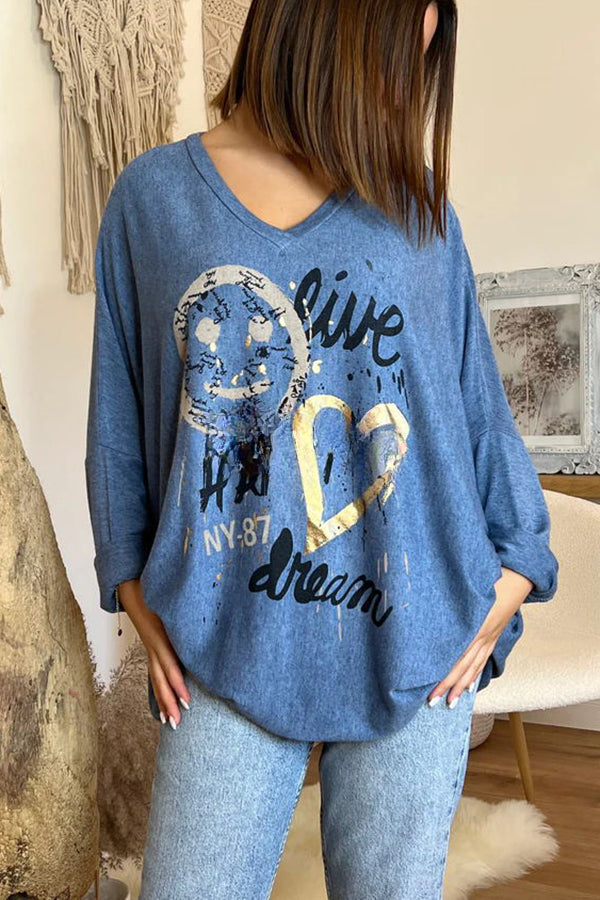 Live Happy Dream Printed Dolman Sleeve Loose Sweatshirt