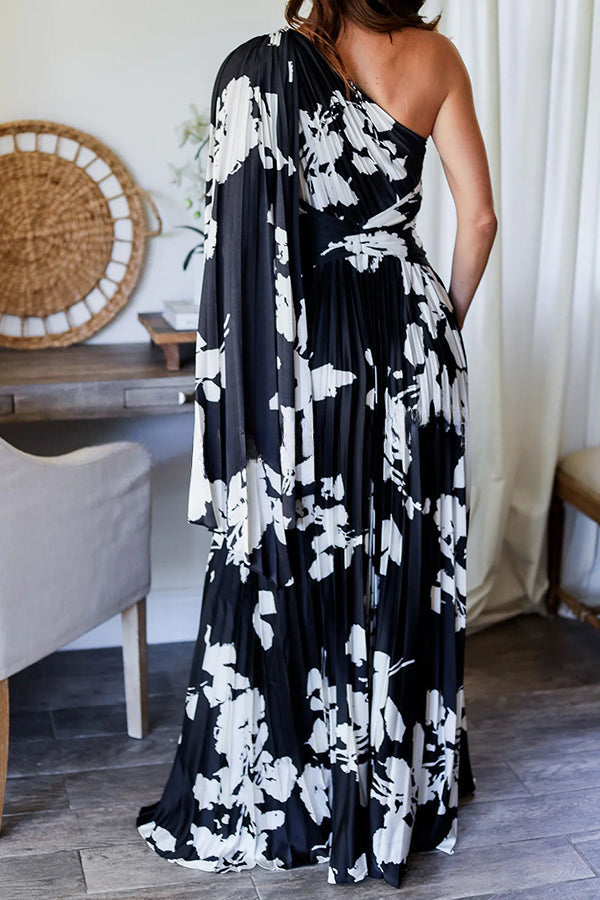 Slay The Evening Pleated Floral Pattern One Shoulder Drape Maxi Dress