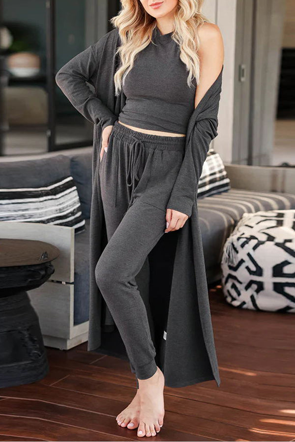 Lounge Casual Long Sleeved Cardigan Slim Vest Lace Up Pants Three Piece Set