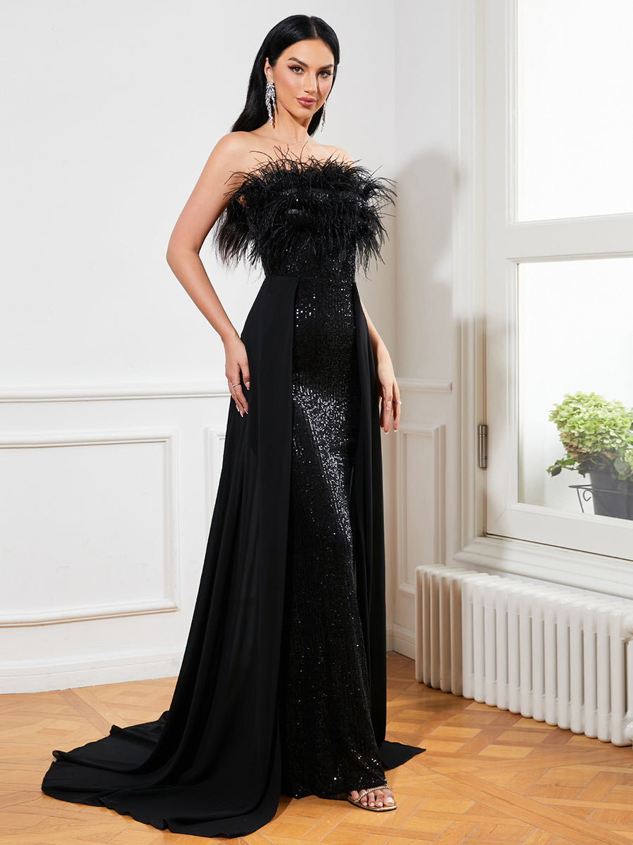 Feather Draped Sequin Formal Dress RJ10034