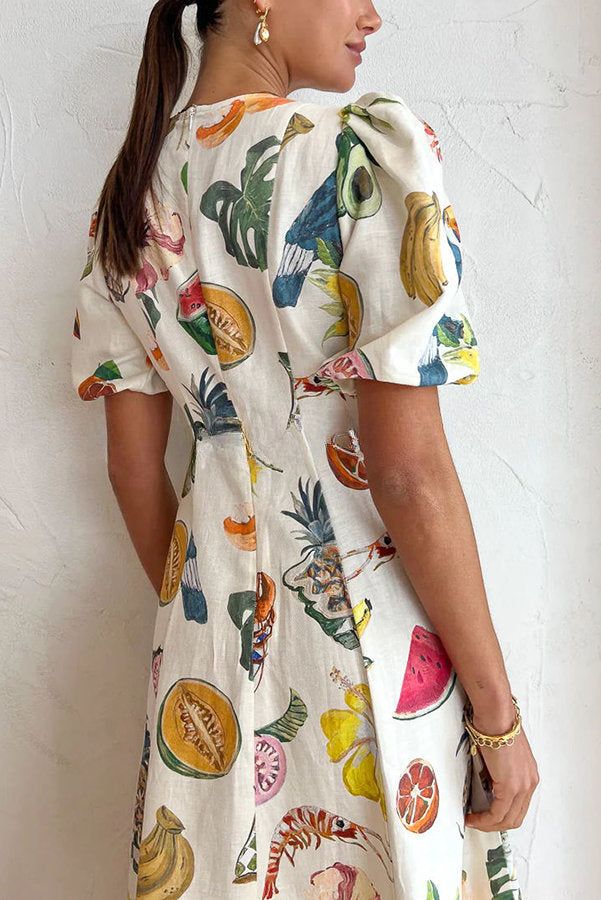 Summer Dream Linen Blend Tropical Fruit Print Puff Sleeve Midi Dress