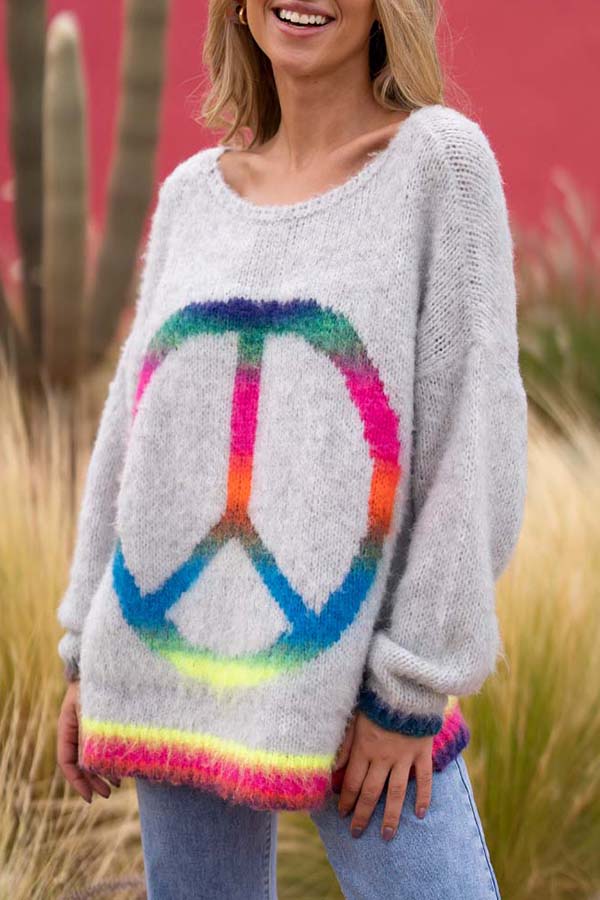 Love and Peace Knit Rainbow Pattern Loose Pullover Sweater