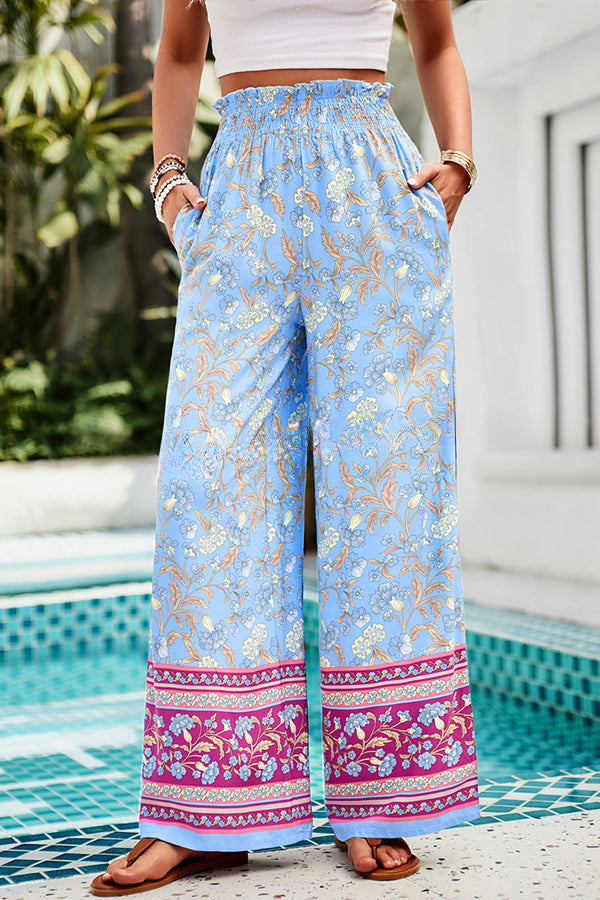 Floral Print Stretch Waist Pocket Wide Leg Pants