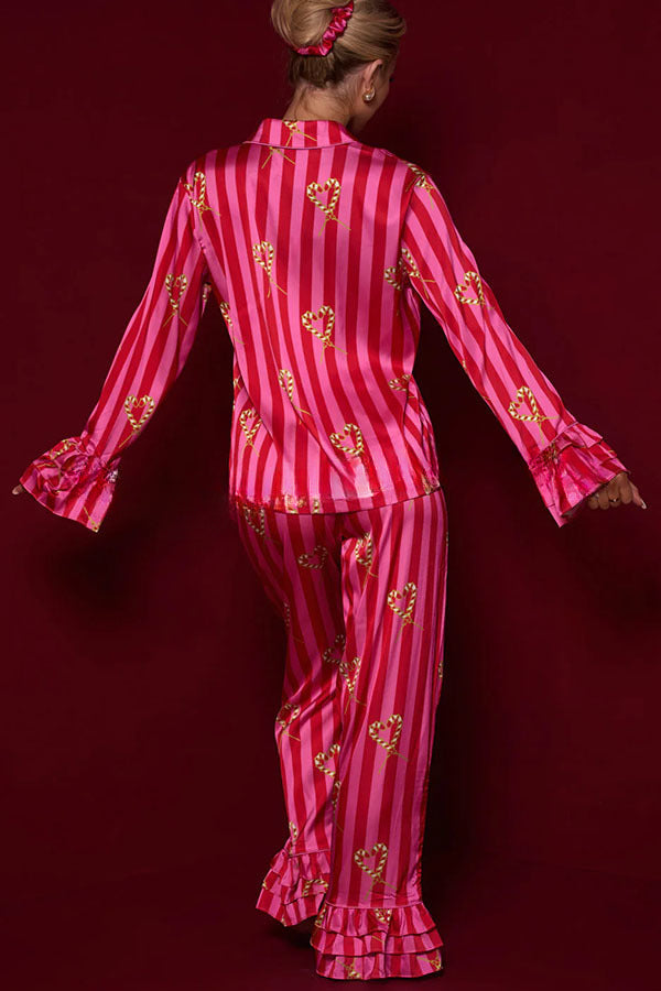 Festive Season Long Candy Stripe Tiered Bell Cuffs Elastic Waist Pocketed Pajama Set