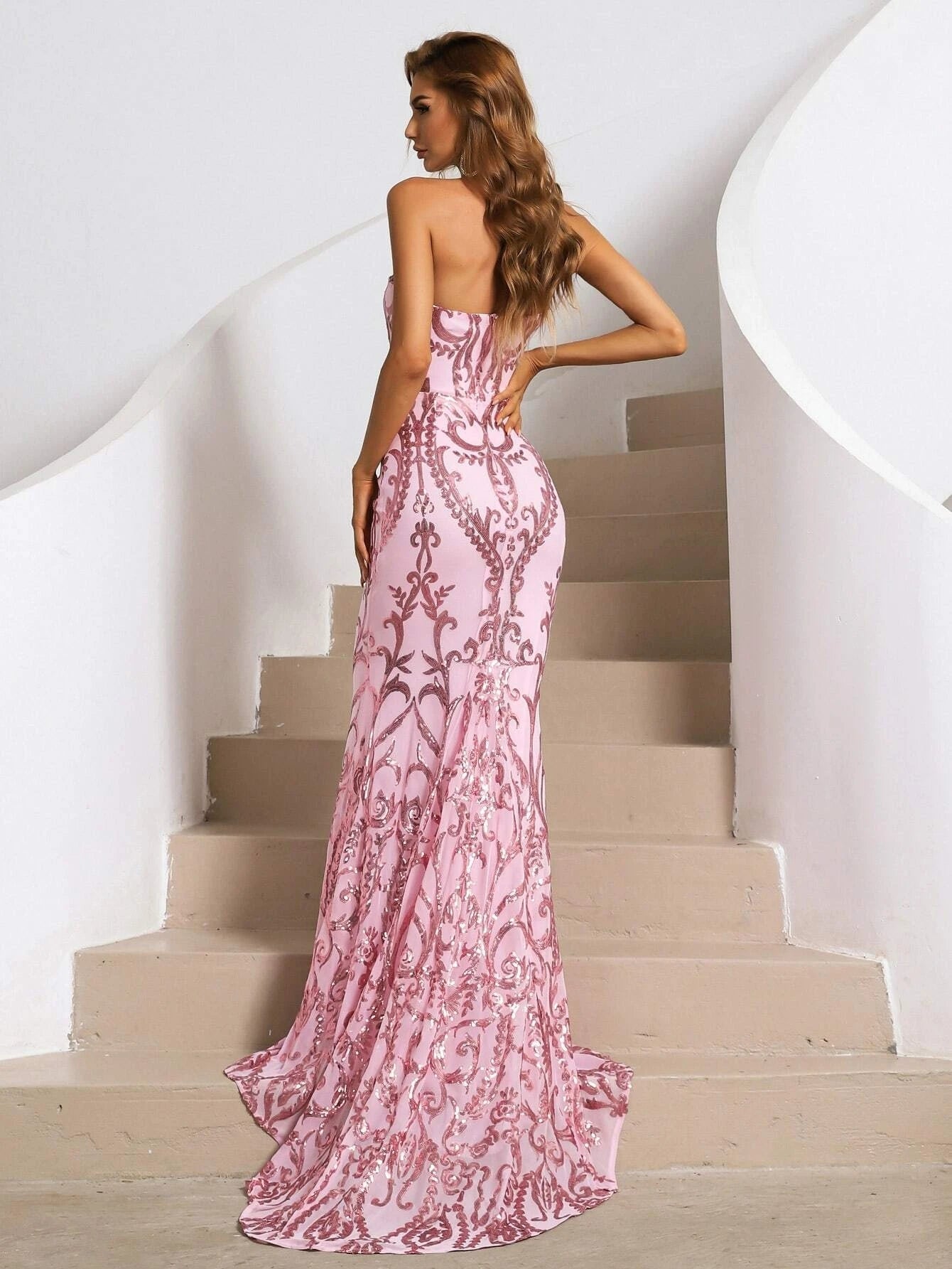 Formal Strapless Sequin Pink Prom Dress XH1342