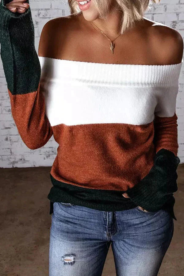 Lovely Chill Color Block Off Shoulder Sweater