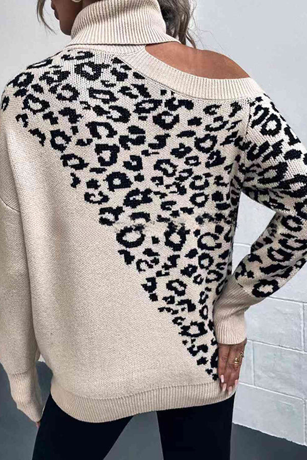 Best Mentor Leopard Print Long Sleeve One Shoulder Sweater