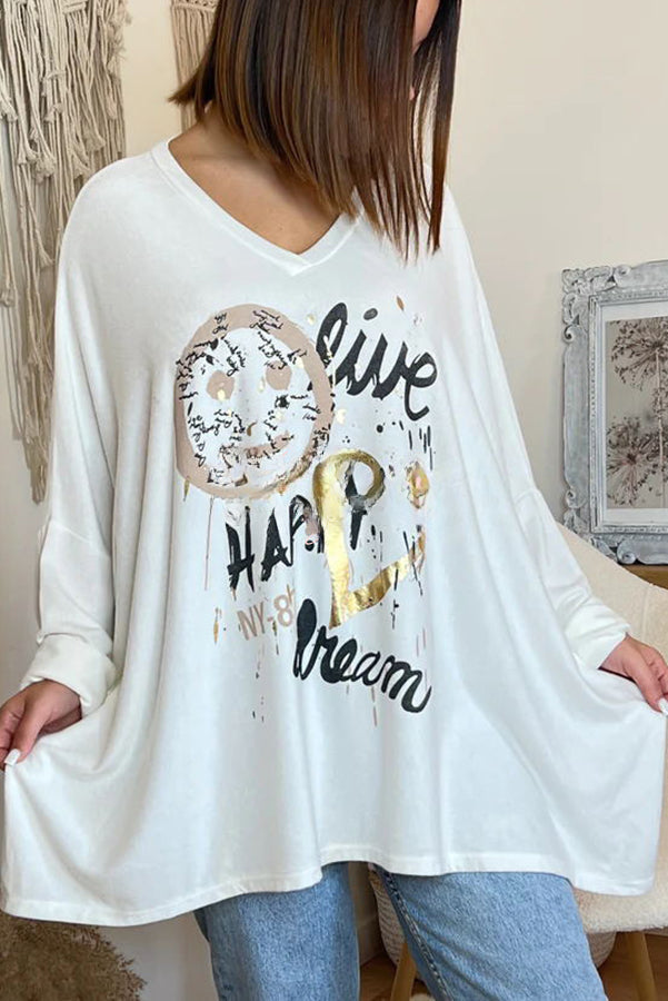 Live Happy Dream Printed Dolman Sleeve Loose Sweatshirt