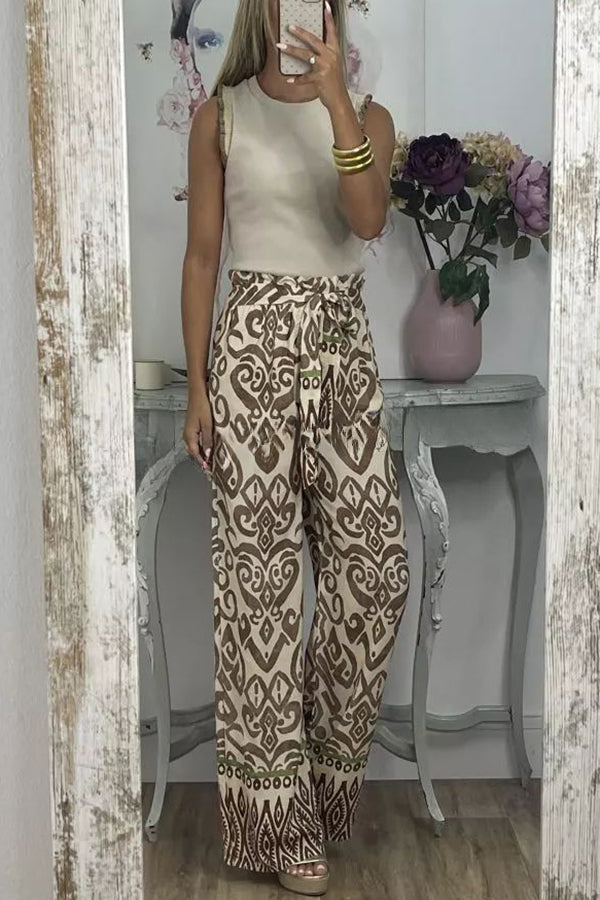 Cecilia Ethnic Print Tie Front Elastic Waist Wide Leg Pants