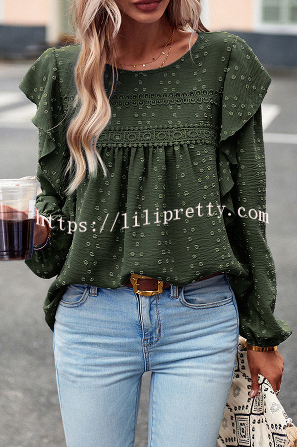 Textured Lace Fabric Ruffle Long Sleeve Blouse