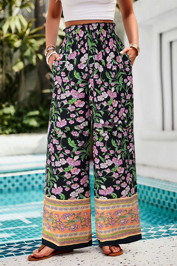 Floral Print Stretch Waist Pocket Wide Leg Pants