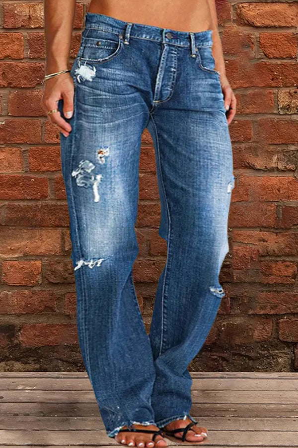 Vintage Washed Ripped Wide Leg Jeans