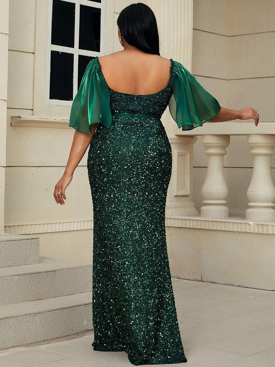 Plus Size Mesh Sleeve Sequin Emerald Green Mermaid Formal Dress PXL007