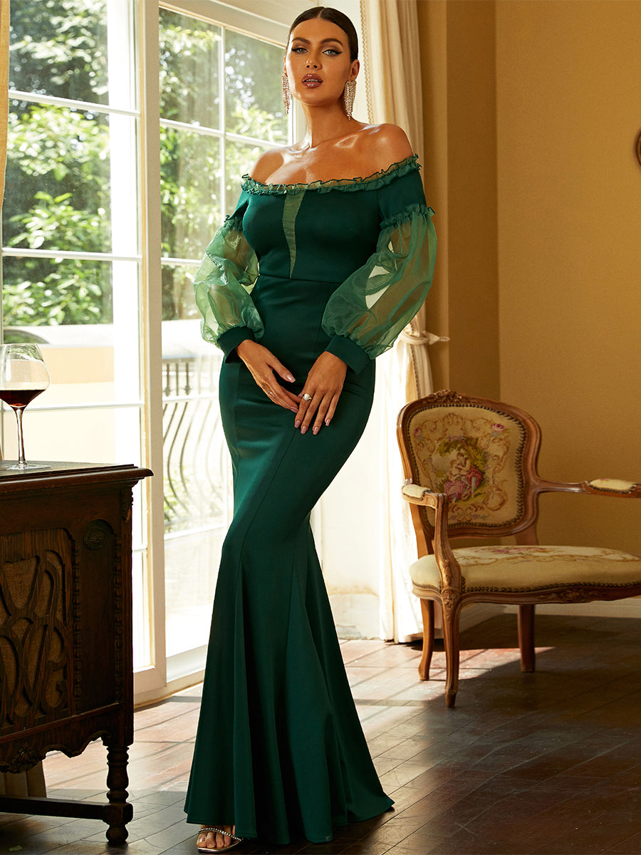 Off Shoulder Long Sleeve Green Cocktail Dress XJ1483