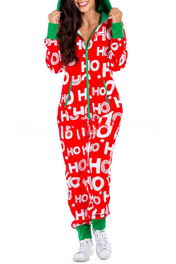 Christmas Print Zipper Pocketed Hooded Loungewear Jumpsuit