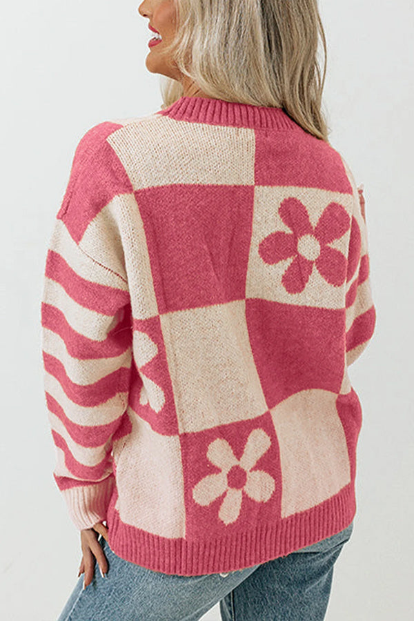 Checkered and Striped Knitted Pullover Sweater