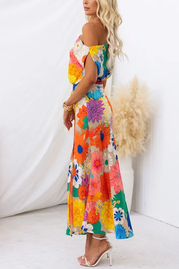 Happiness Always Floral Print Asymmetric Neck Elastic Waist Party Maxi Dress