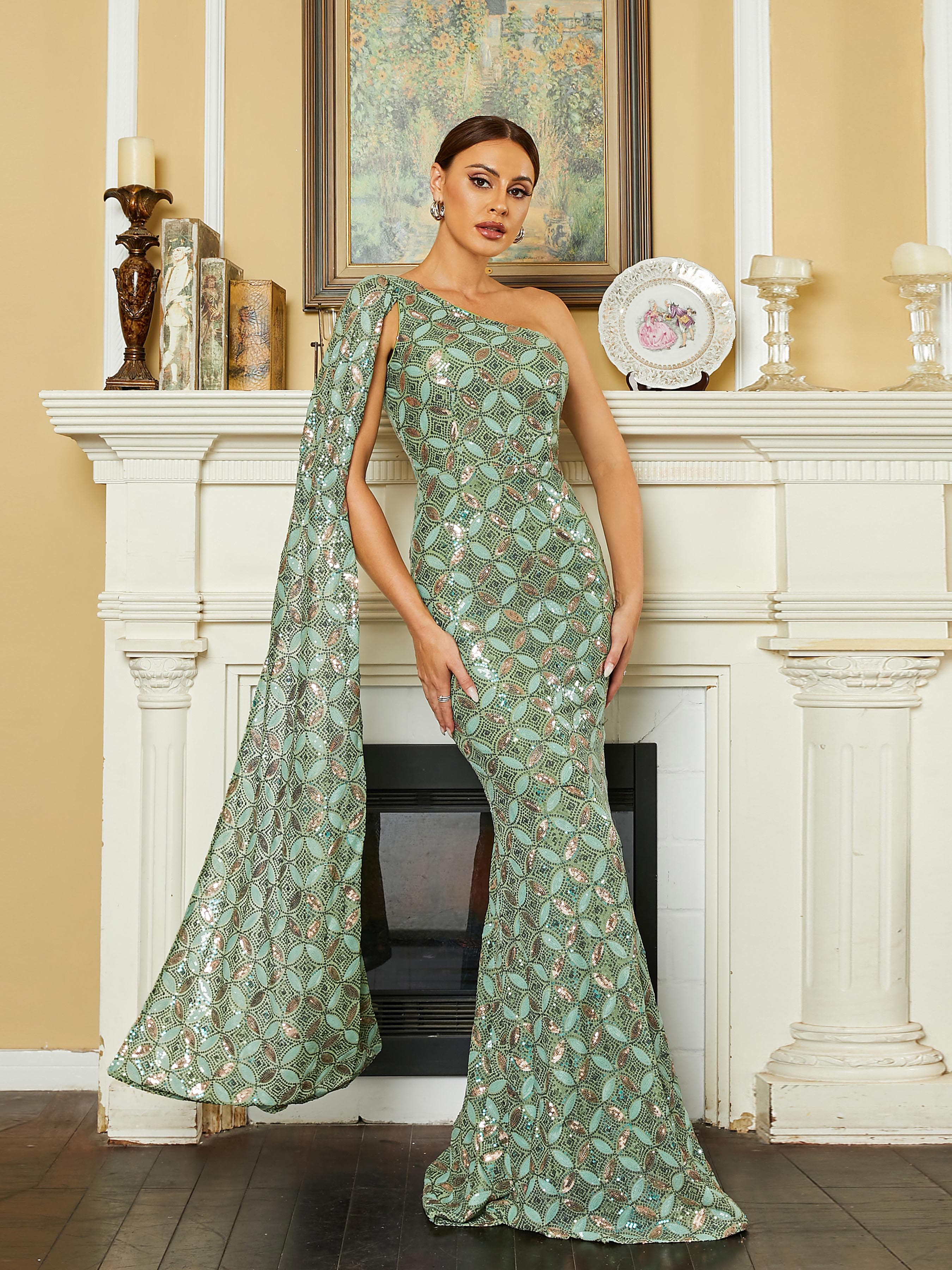 One Shoulder Sequin Mermaid Green Prom Dress RM20590