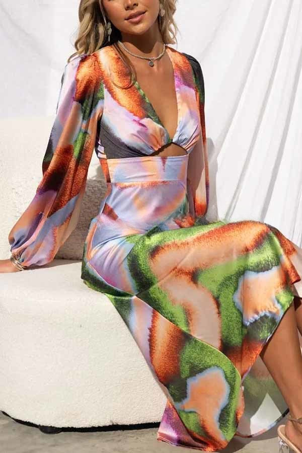 Own The Evening Satin Neon Print Cutout Midi Dress