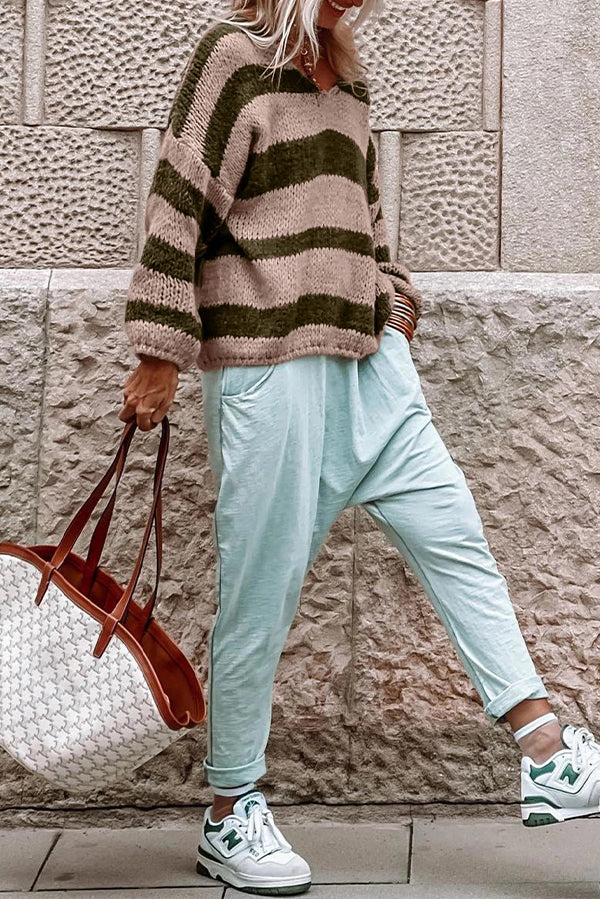 Green Striped Colorblock Knit V Neck Loose Fit Sweater