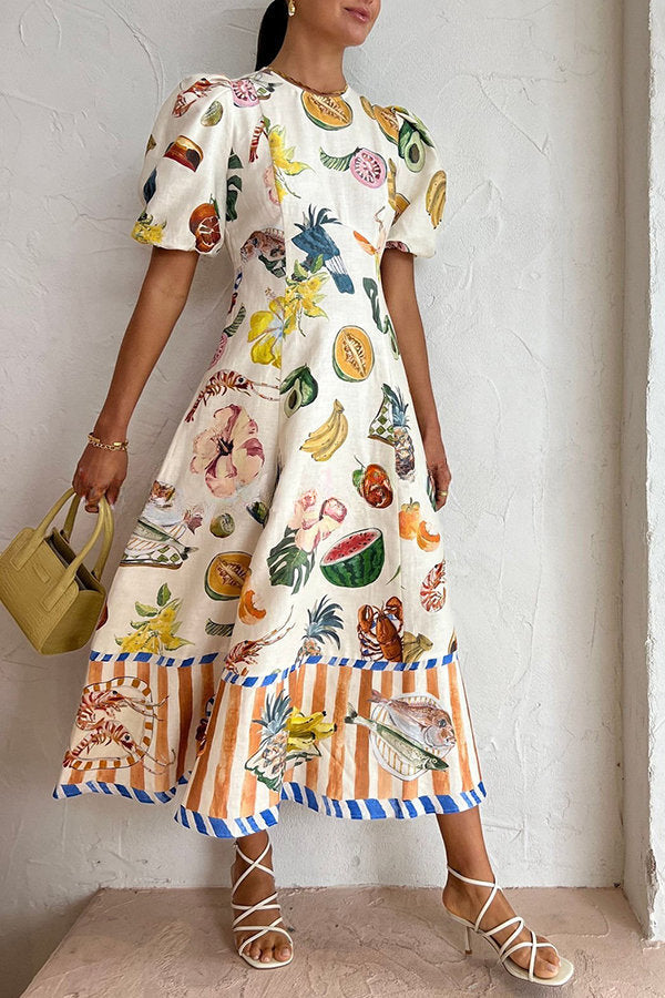 Summer Dream Linen Blend Tropical Fruit Print Puff Sleeve Midi Dress