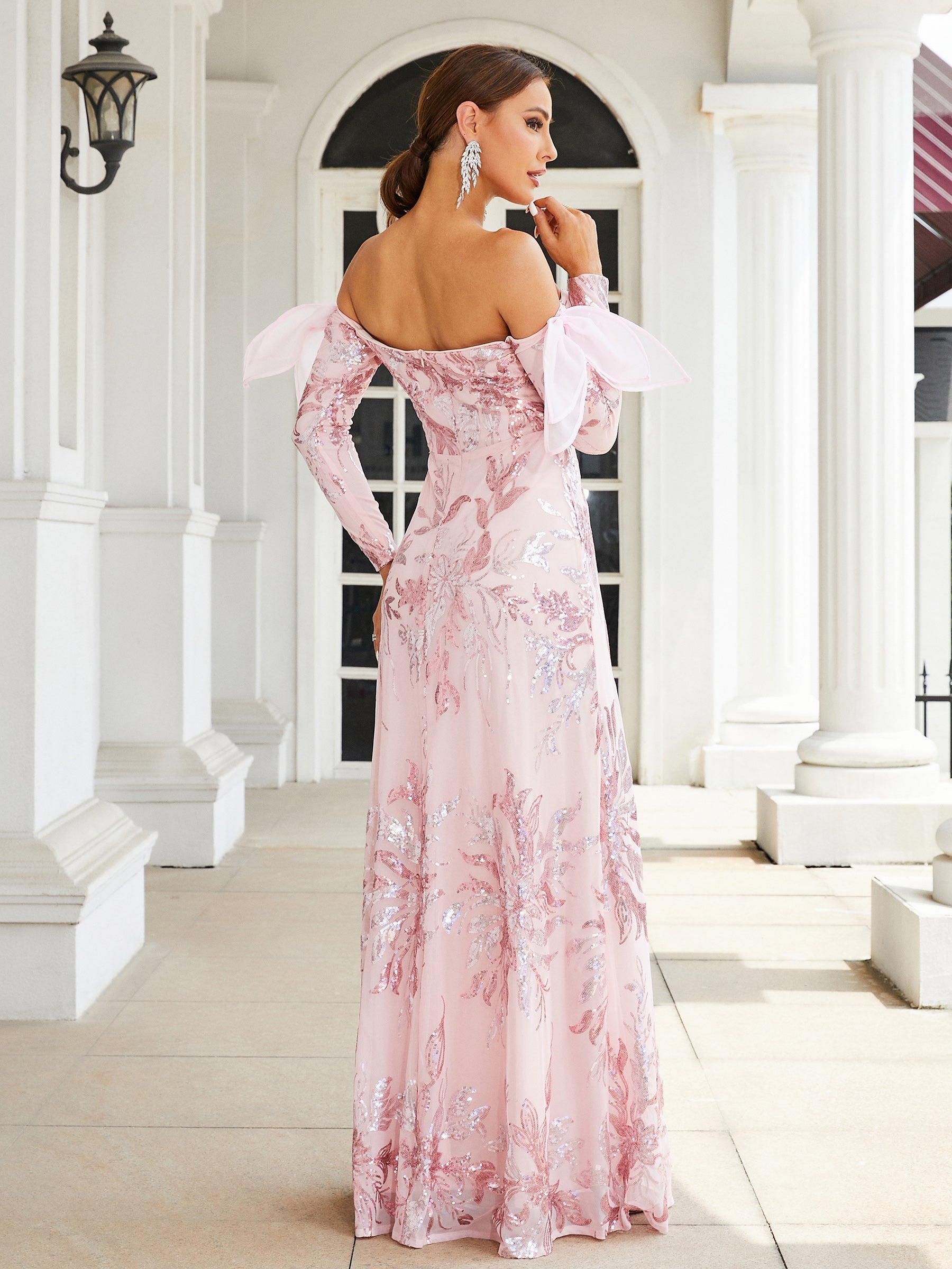 Off Shoulder Sequin Pink Prom Dress XJ2872