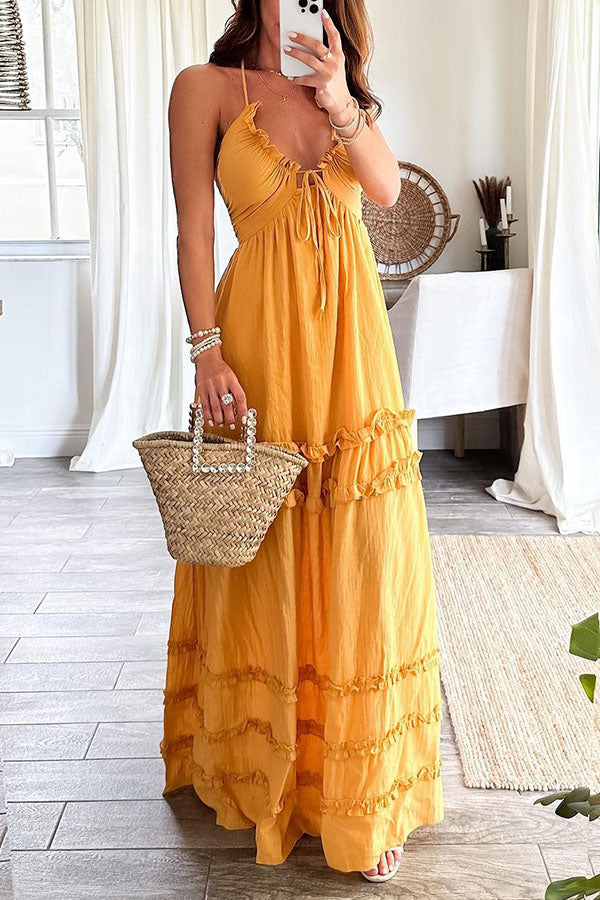 Luxurious Vacay Ruffle Trim Back Tie-up Halter Maxi Dress