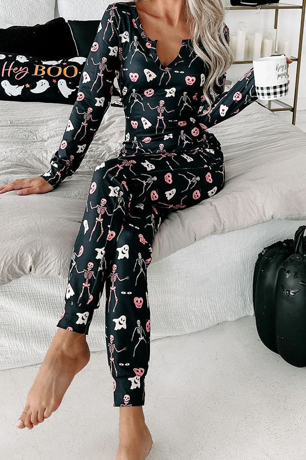 Printed Long Sleeved Crew Neck Top Abd Elastic Waist Pants Set