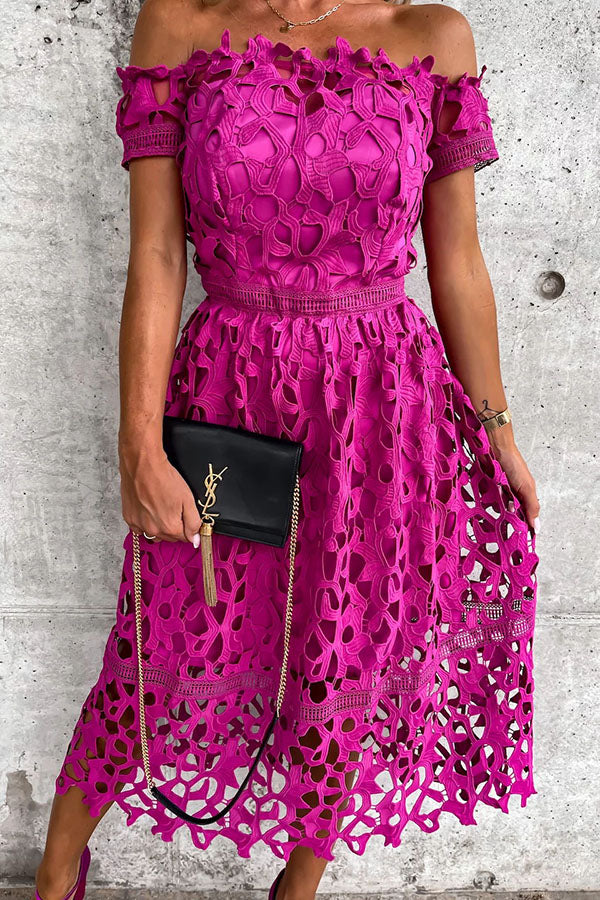 Dream Date Off Shoulder Crochet Lace Midi Dress