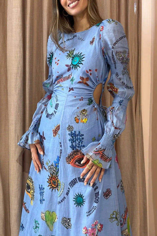 Special Holiday Linen Blend Unique Print Cut Out Puff Sleeve Lightweight Midi Dress