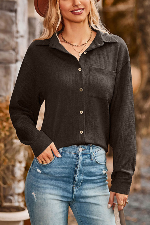 Loose Pocket Lapel Button Textured Blouse