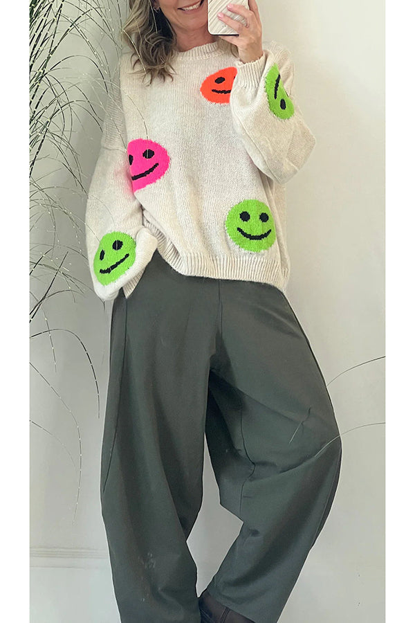 Smiley Face Knit Dropped Shoulders Loose Pullover Sweater