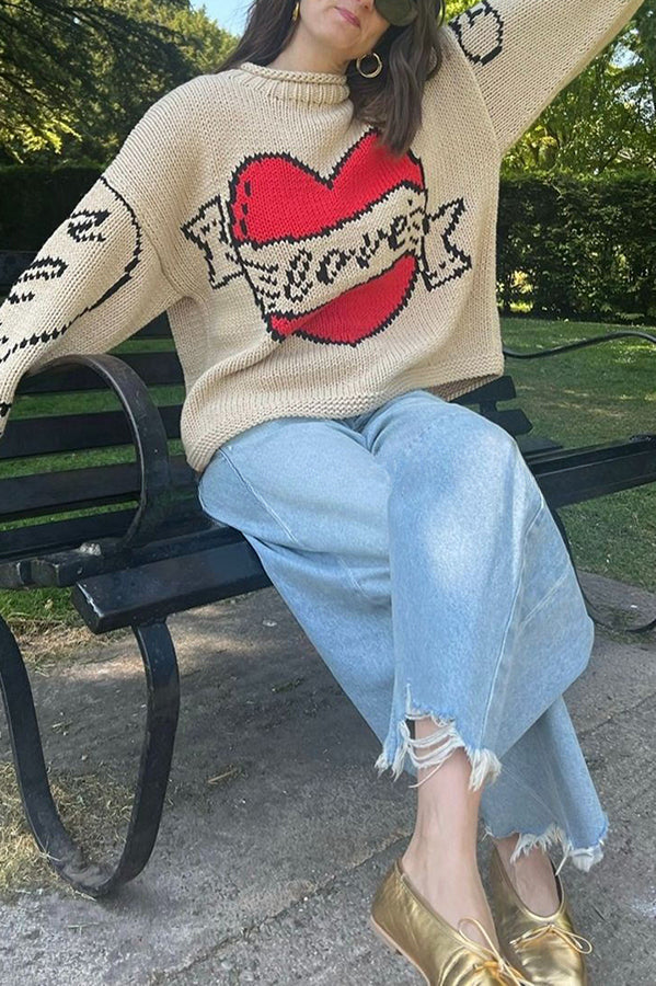 Love Is A Gift Creative Love Pattern Knit Loose Pullover Sweater