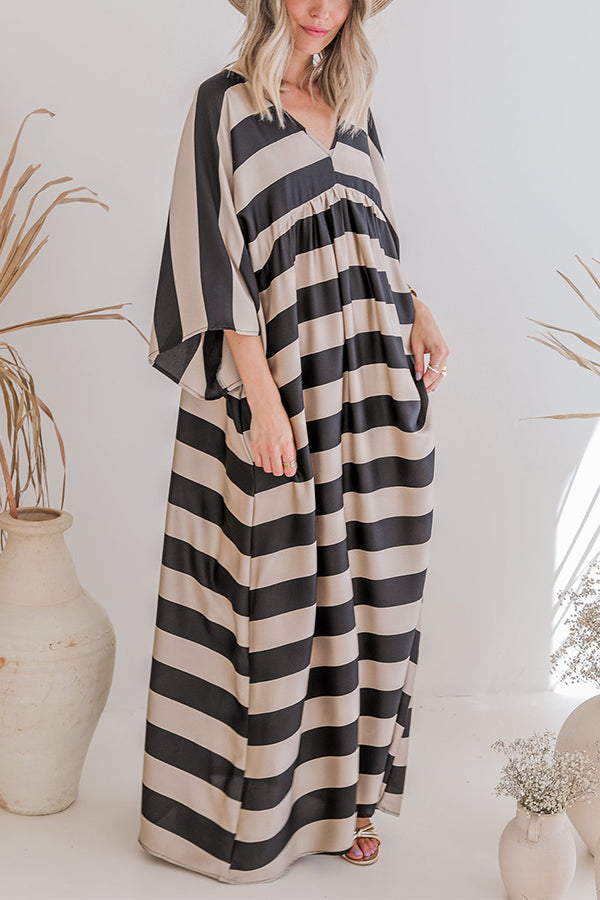 Black Striped Colorblock Flounce Sleeve Floor Length Dress