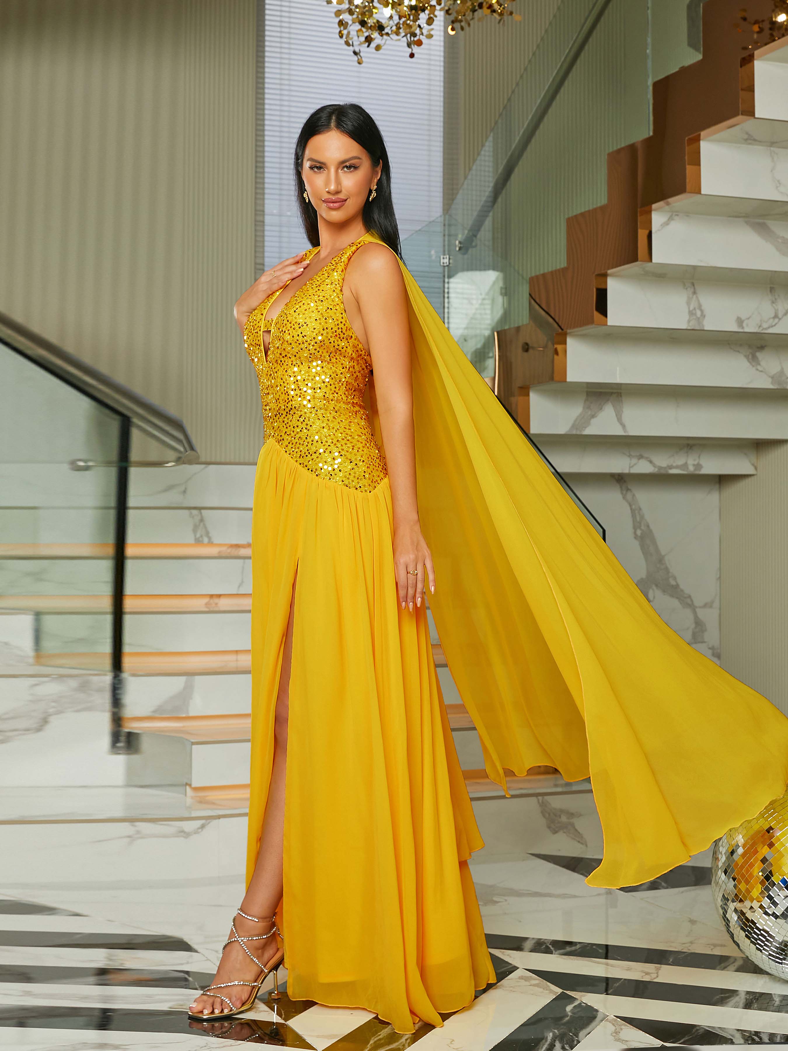 Deep V-Neck Panel Cape Maxi Prom dress RJ10299