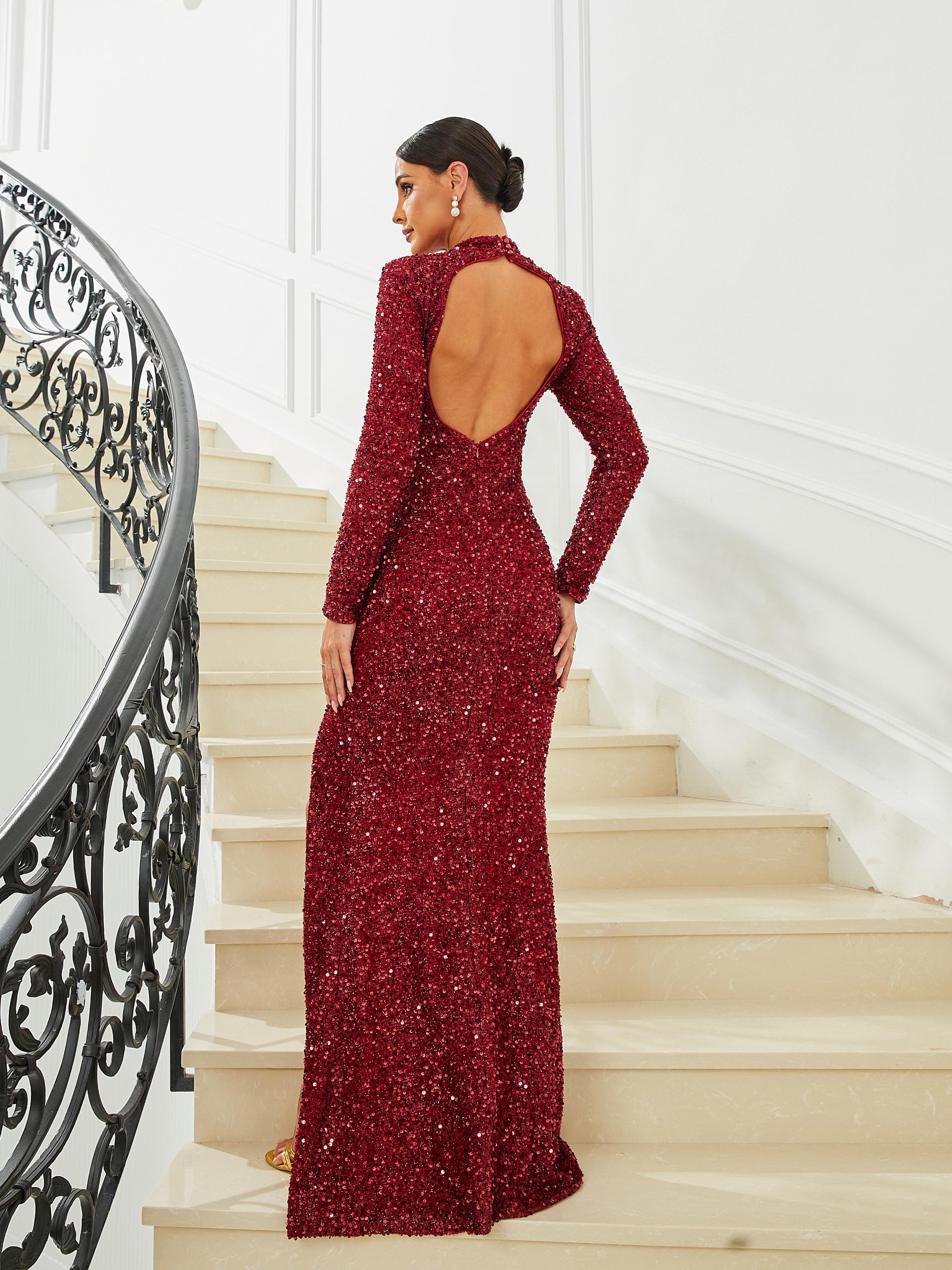 Stand Collar Cutout Burgundy Sequin Prom Dress RJ10554