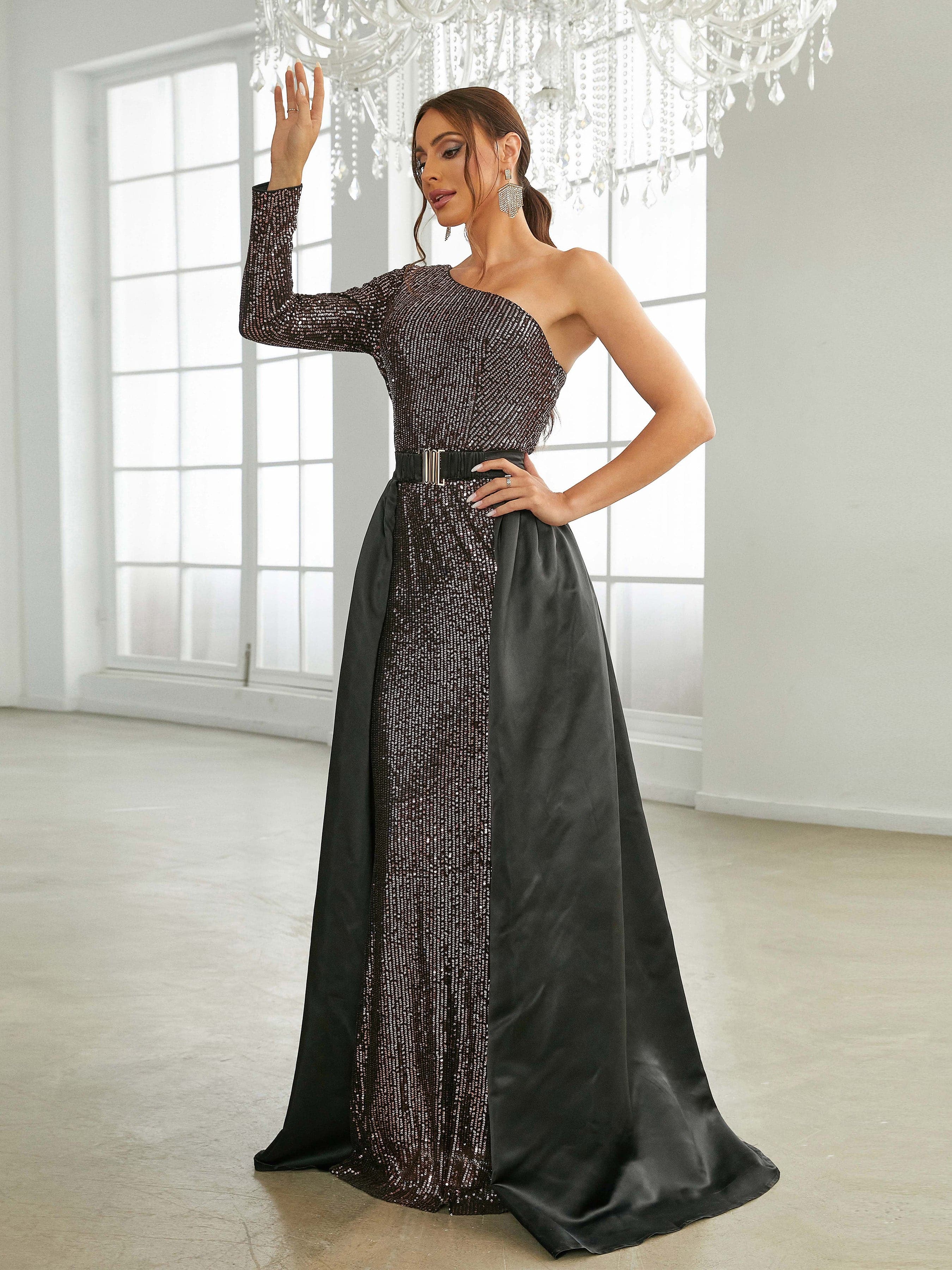 One Shoulder Cloak Maxi Sequin Prom Dress XHP2172