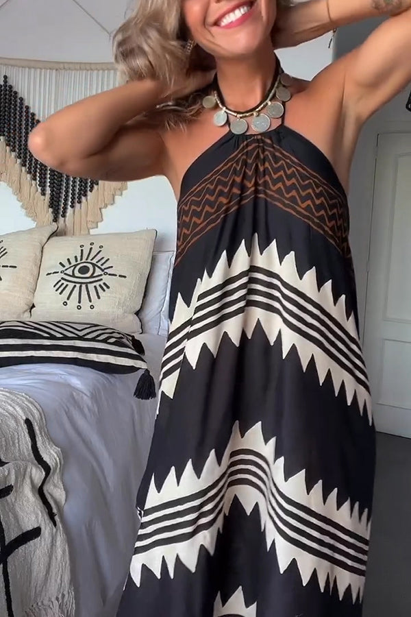 Hey Vacay Ethnic Print Halter A-line Maxi Dress