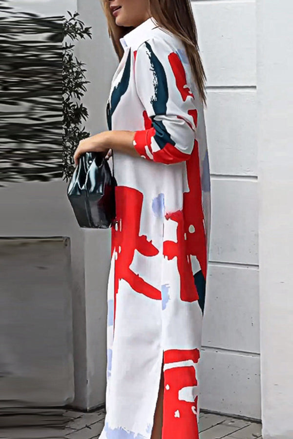 Abstract Art Print Pocket Button Long Sleeve Maxi Dress