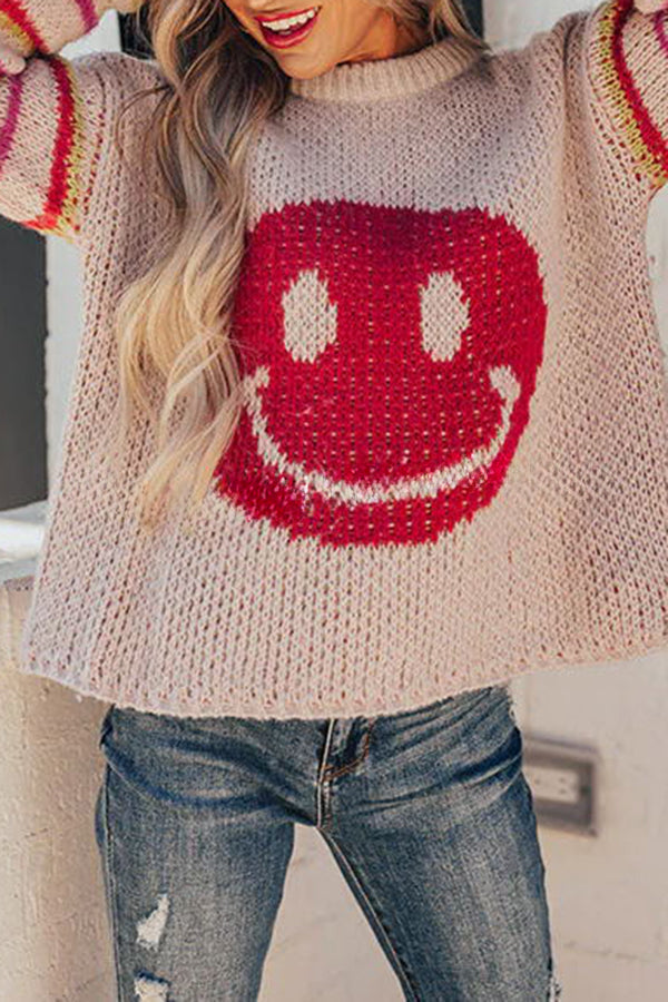 Fall Into Happiness Knit Smiley Face Striped Pullover Sweater