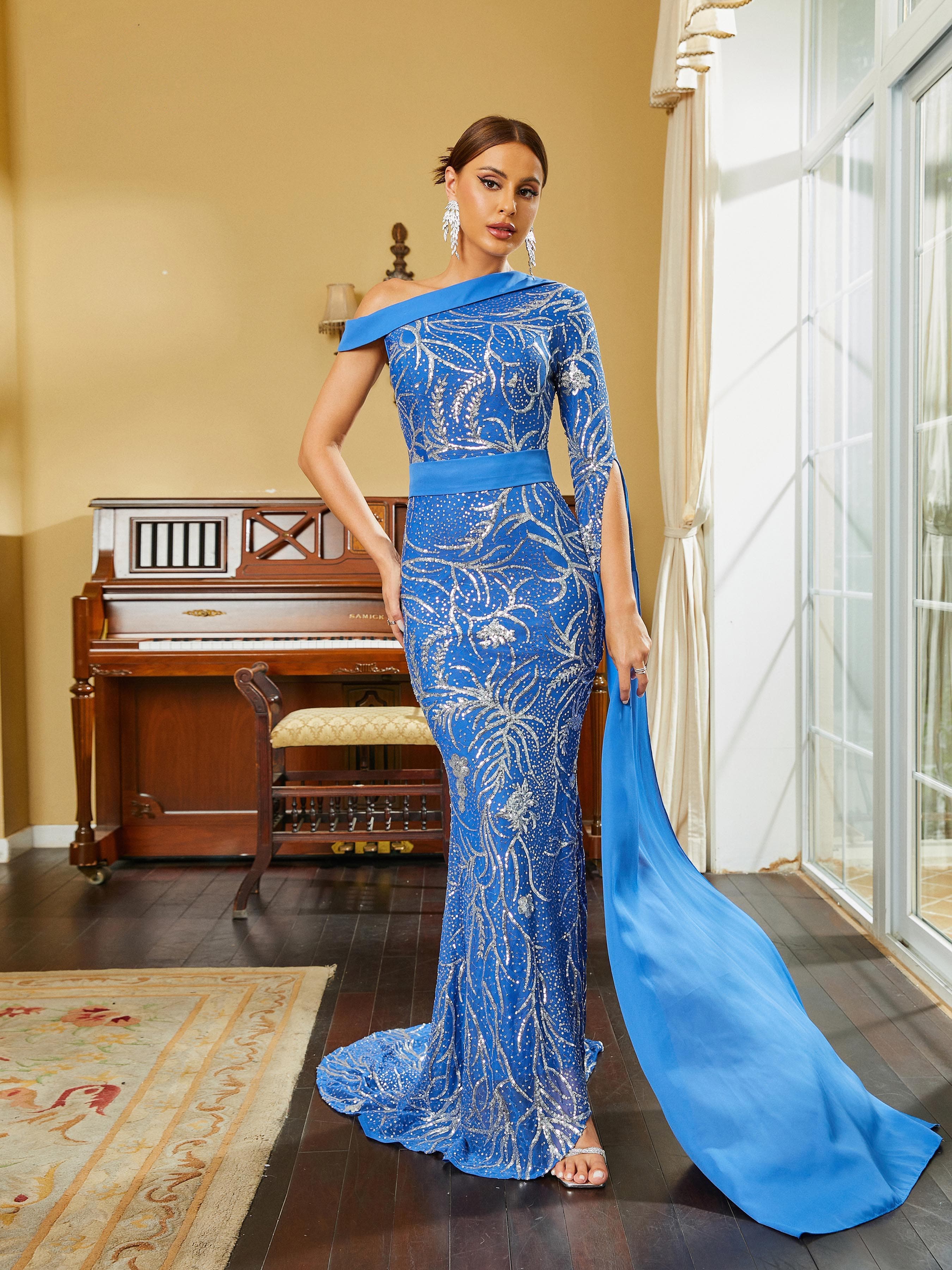 Mermaid Draped Sleeve Sequin Blue Evening Dress RM20331