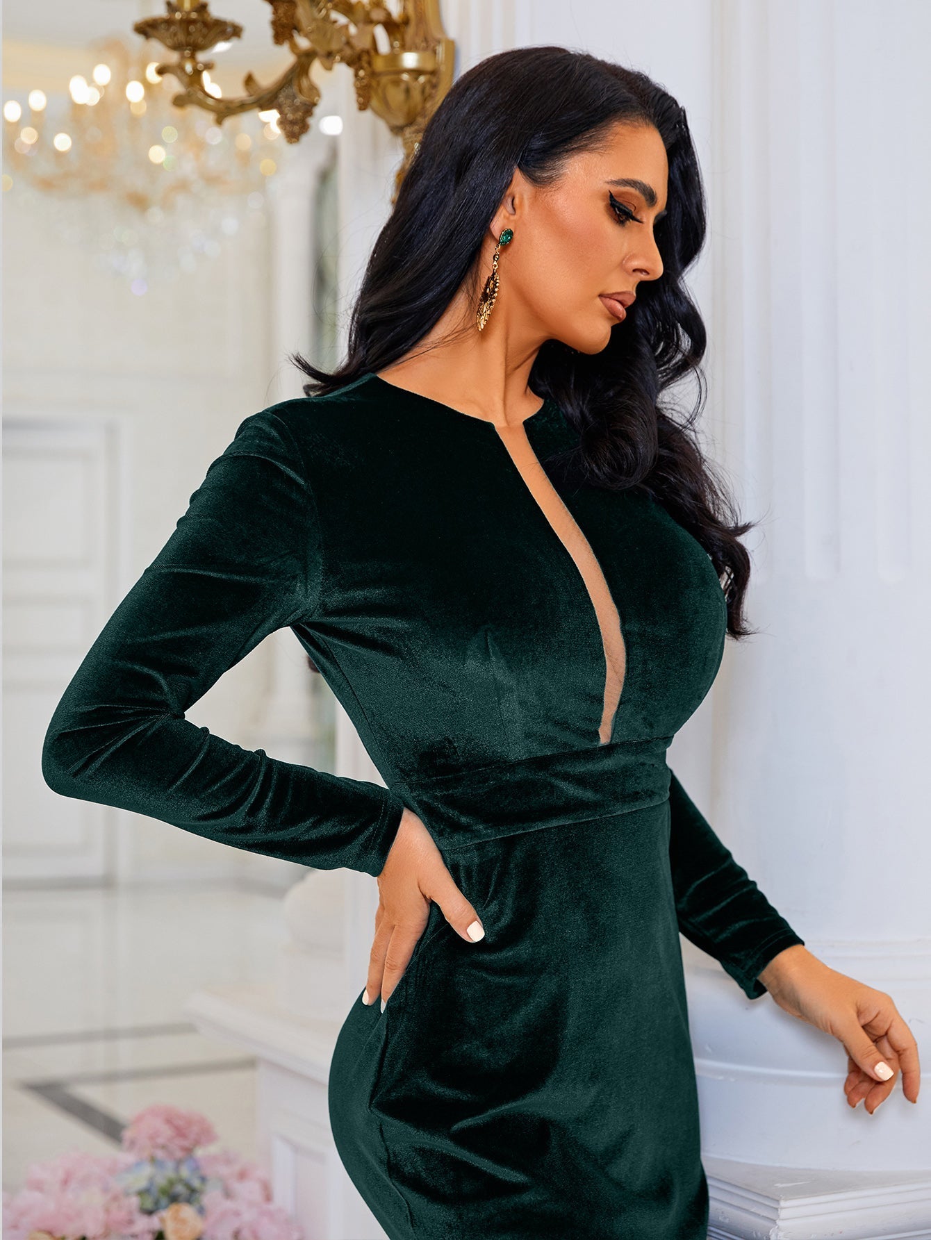 Long Sleeve Velvet Elegant Green Evening Dress XJ940