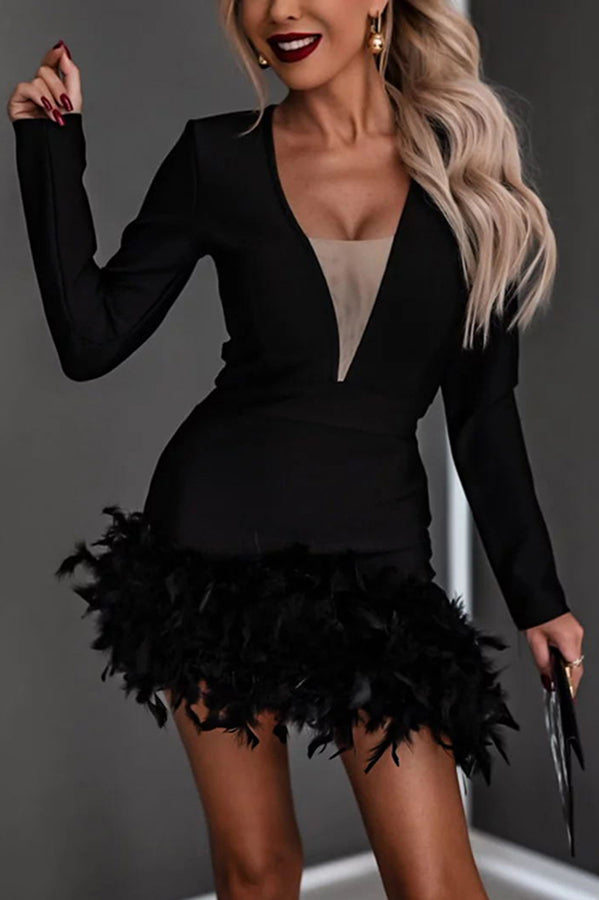 Make Your Entrance Feather Long Sleeve Asymmetric Party Mini Dress