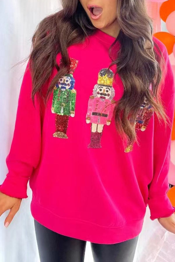 Nutcracker Sequin Round Neck Long Sleeve Sweatshirt