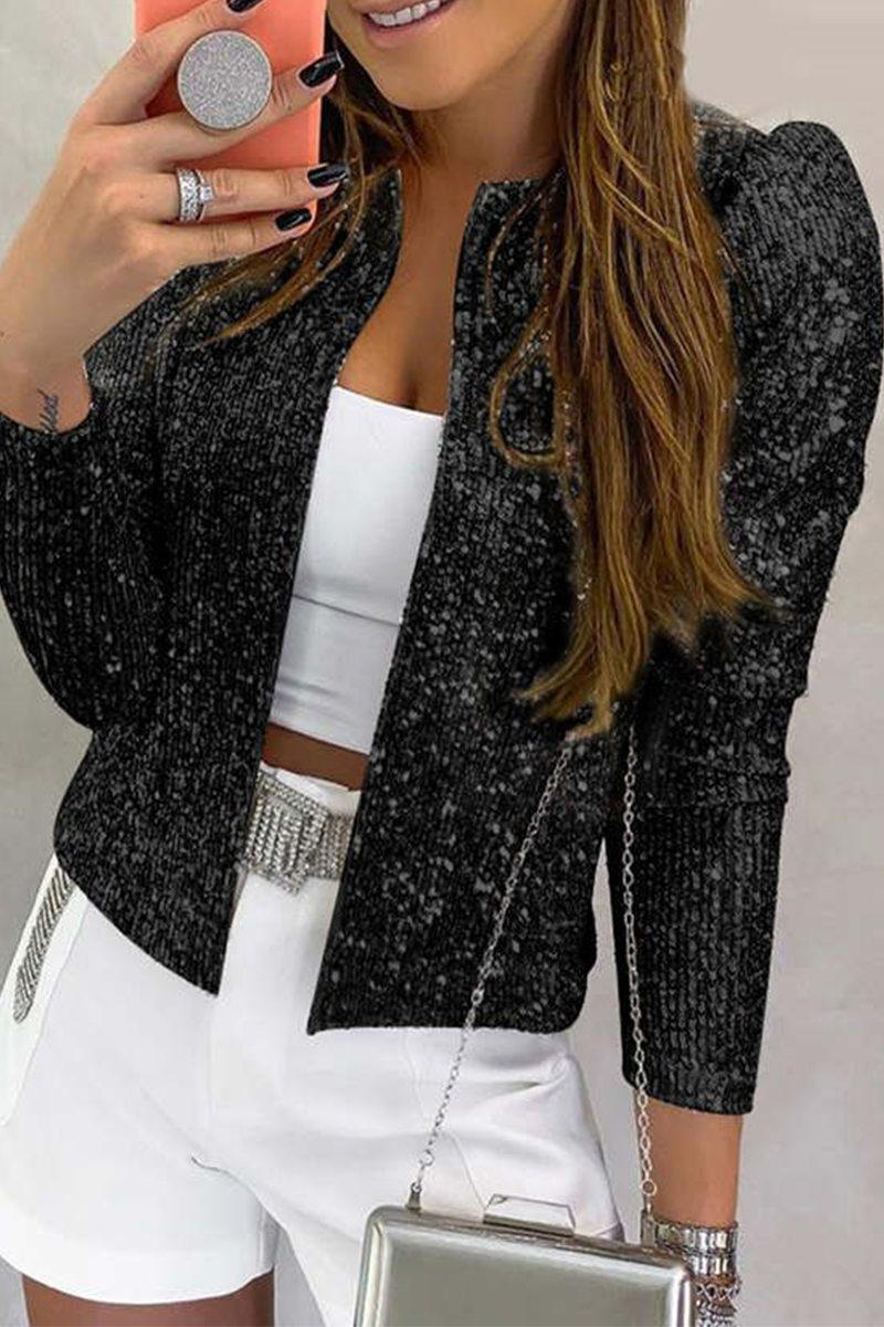 Fashion Solid Sequins Patchwork O Neck Outerwear(6 Colors)